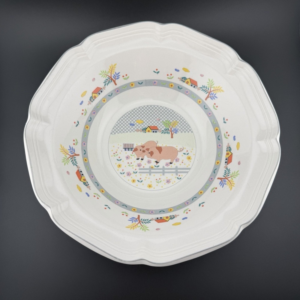Vintage Hankook Pig Farm Design Serving Bowl 9 Inch Ceramic Large Salad Bowl